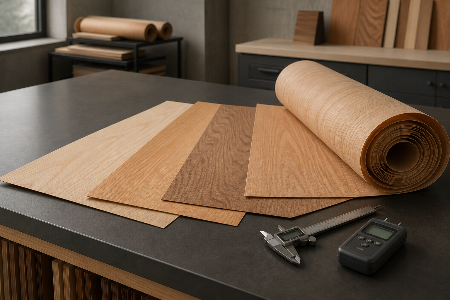 Illustrative rotary-cut veneer sheets with caliper and moisture meter