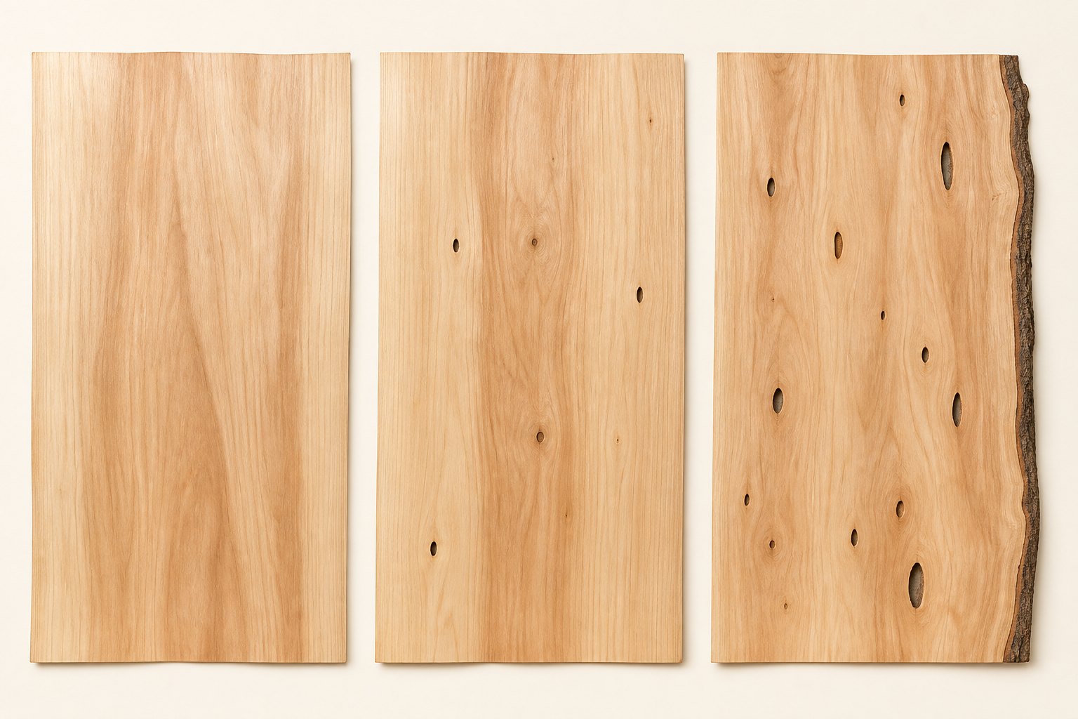 AI-generated educational comparison of A, B and C eucalyptus veneer grade concepts