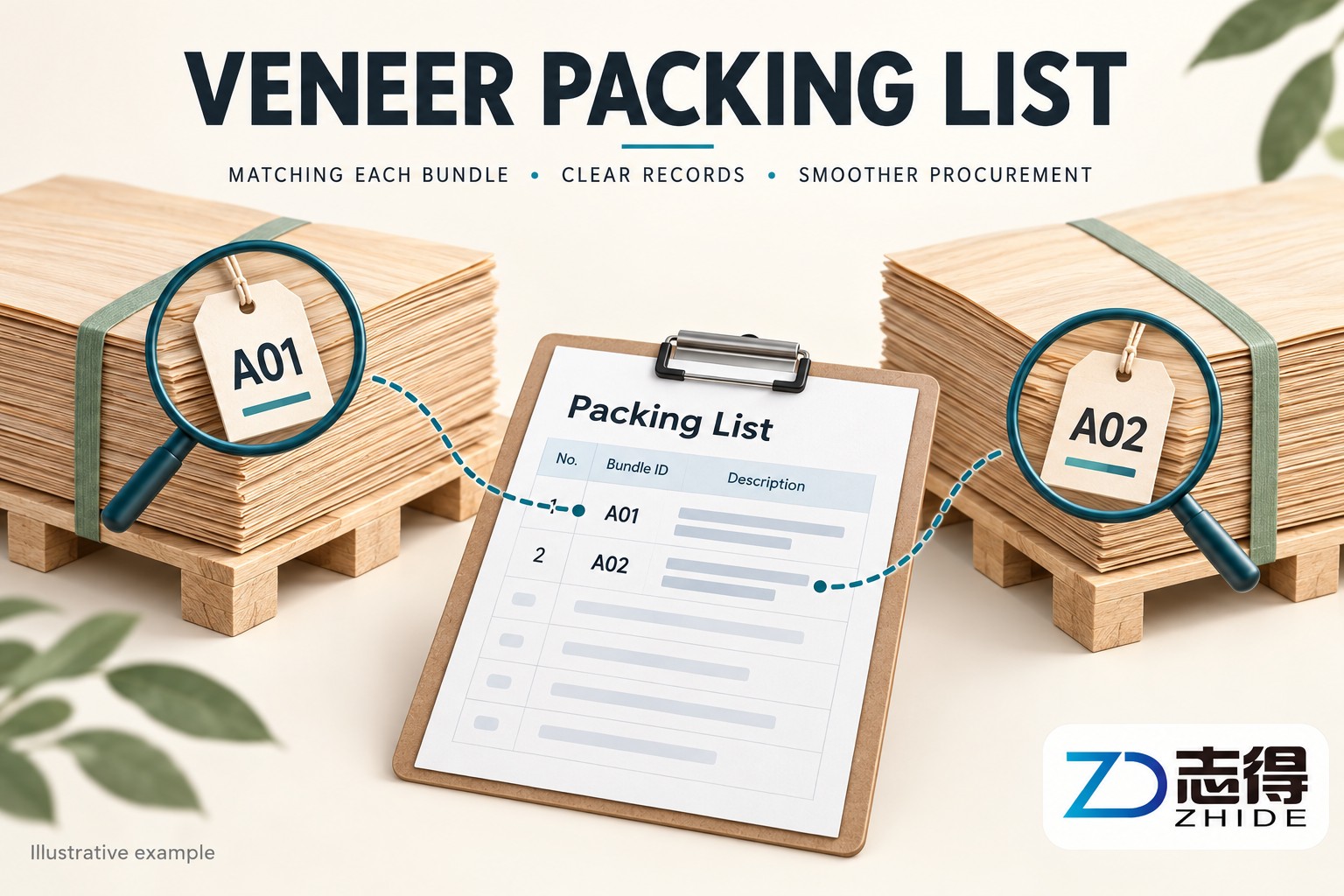 AI educational illustration of veneer bundles matched to a packing list
