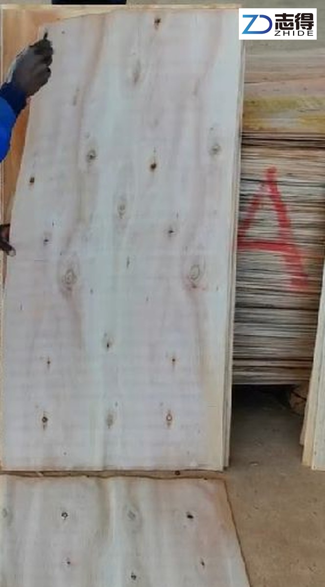 Historical full-sheet view of Mozambique eucalyptus veneer beside a veneer stack